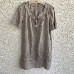 Juicy Couture Y2K Embroidered Linen Beige Shift Dress Sz 6